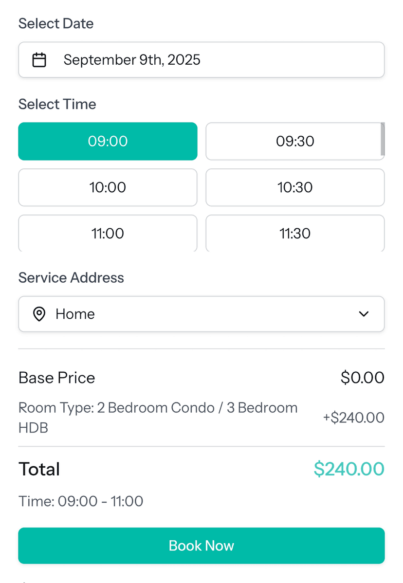 Screenshot showing available time slots for booking